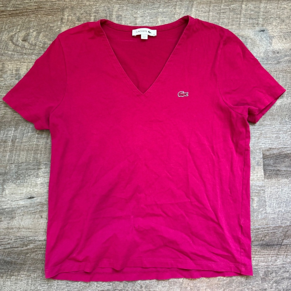 Lacoste Pima Cotton V-Neck T-Shirt Size 44 XL Classic Pink Crocodile Logo